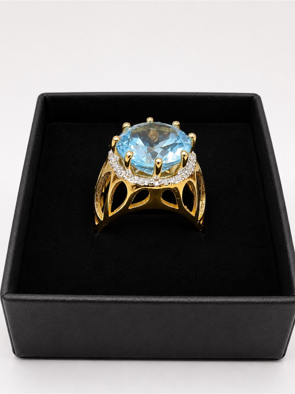 925 Sterling Gold Vermeil Blue Topaz Diamond Halo Ring Size 8 Statement Ring